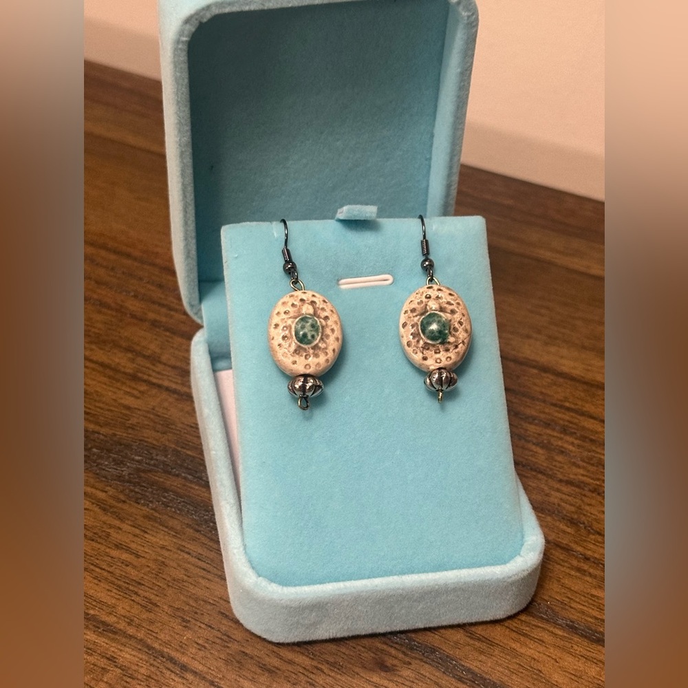 Elegant Cream and Green Turtle Dangle Earrings